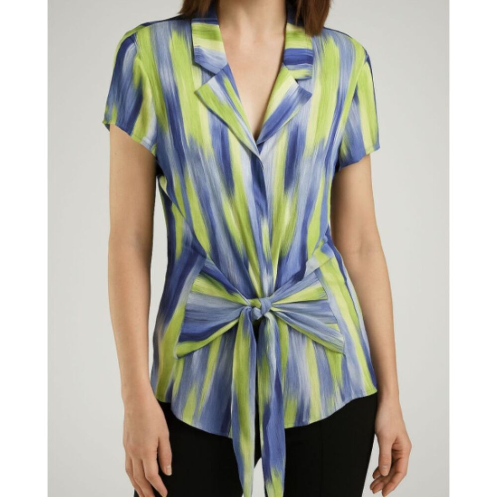 Jones New York Silk Tie Front Blouse Watercolor Stripe Green Blue Size 14